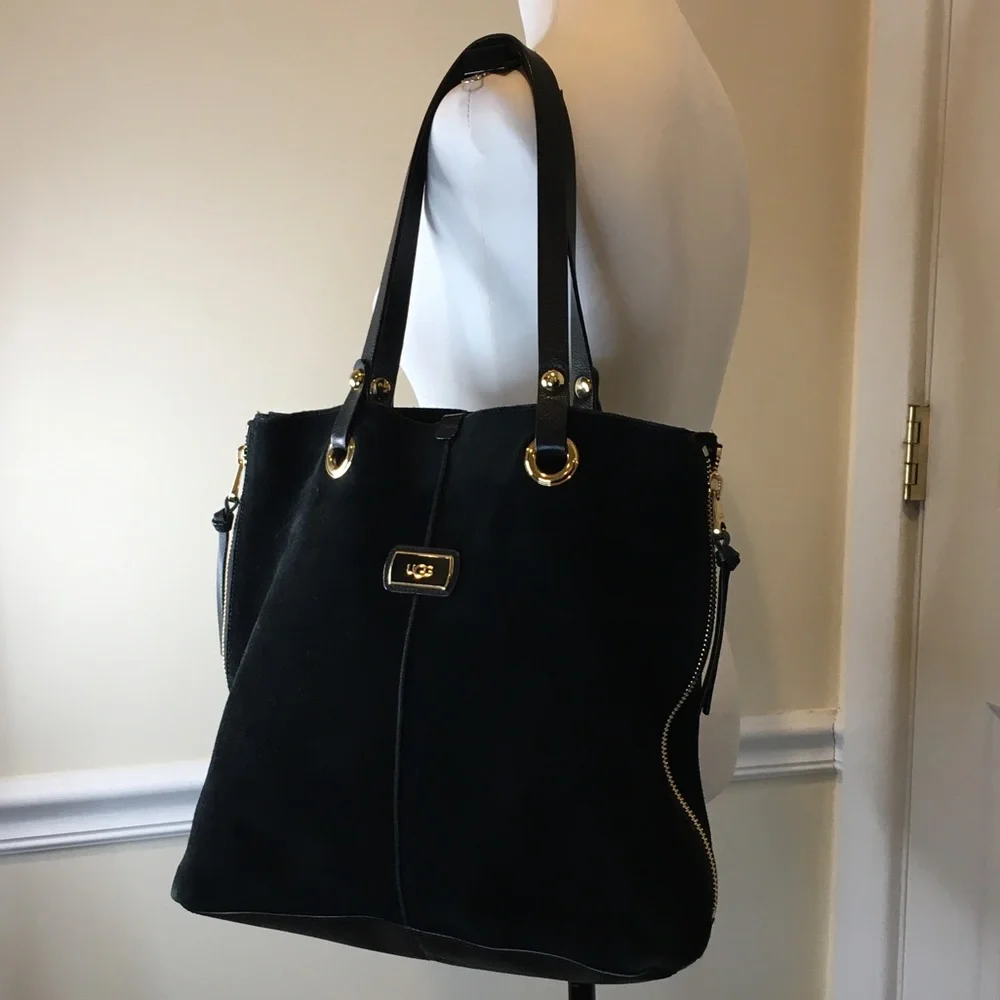 UGG Black Suede Tote Leather Shoulder Bag